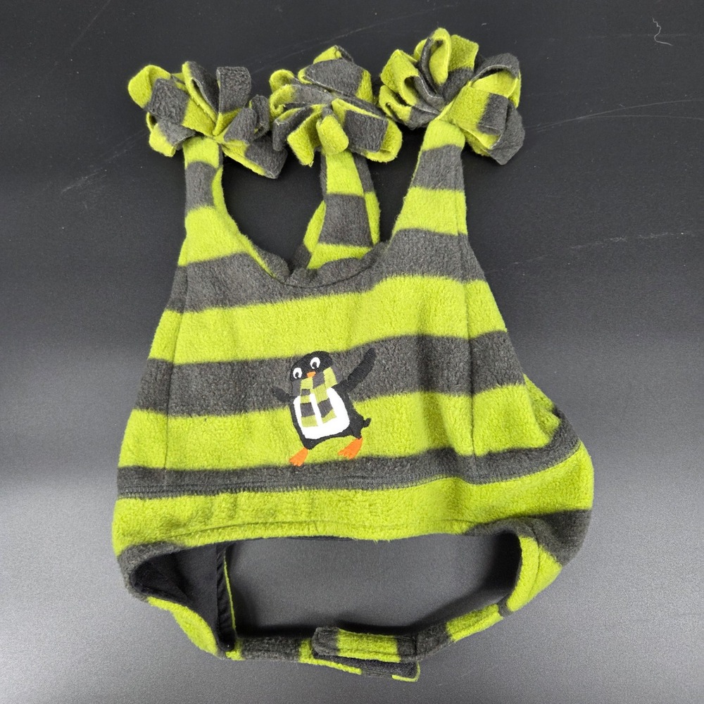 Gymboree 4T-5T Fleece Hat Green Gray Stripe Penguin Applique Winter Kids